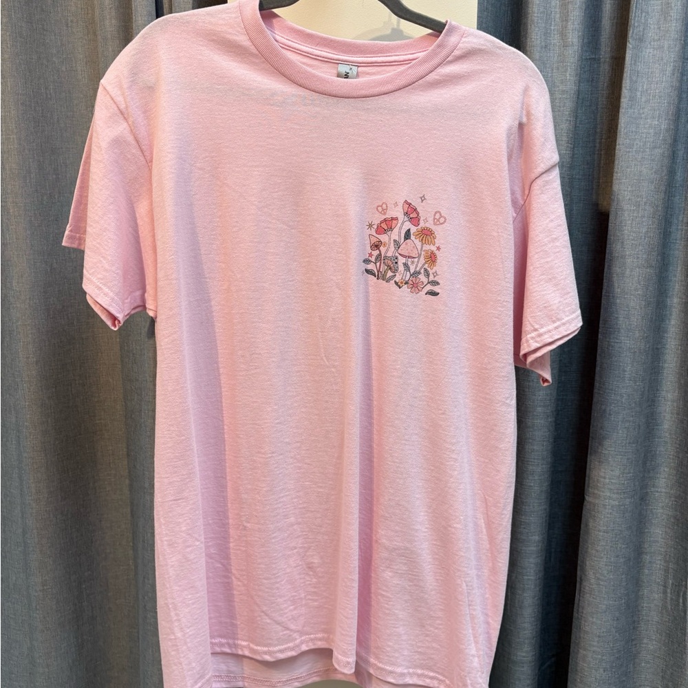 Pink Graphic T-Shirt with Mushroom Design